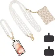 Elegant Pearl Phone Lanyard with Leather Wallet for All Phones Wrist Strap