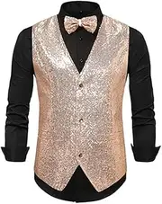 [HEYDHSDC] Men Vintage Sequins Suit Dress Vests With Pockets Ball Party Stage Performance Splice Waistcoat Champagne Xxl