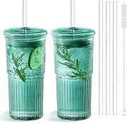 [Puraville] 2 Pack 20oz Glass Cups with Lids and Straws, Mason Jar High Borosilicate Drinking Glasses Iced Coffee Tumbler Smoothie Cup for Long Drinks, Teal