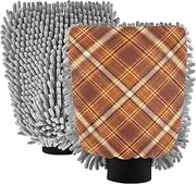 Wash Mitt for Car Washing Microfiber Chenille Absorbent Plaid Stripes Brown Orange Sponge Car Cleaning Mitts Scratch Free Soft, Large x 2 Pack