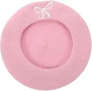 [PACKOVE] Fashionable Pink Beret Hat for Women French Style Wool Beret with Bowknot for Autumn and Slimming Design for Larger Head Warm for Stylish Outfits