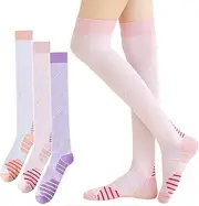 [Dress Cici] Nylon Compression Stockings for Women, Stripes Thigh High Compression Socks for Athletic Sports (3 Pairs)
