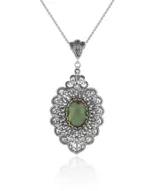 Filigree Art Alexandrite Gemstone Floral Figured Women Silver Oval Pendant Neckl