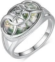 [Daixiya] Moss Agate Ring 925 Sterling Silver Triple Moon Goddess Ring Pagan Wiccan Jewelry Gifts for Women Girls Size 7-9