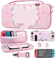 GLDRAM Pink Carry Case Bundle for Nintendo Switch, Cute Switch Case Accessories Kit with Travel Bag, Soft TPU Cover, Glass Screen Protector, Thumb Caps, Shoulder Strap, Anime Rabbit Shell for Switch