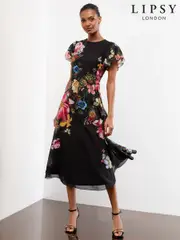 Lipsy Black Fit And Flare Floral Print Short Sleeve Printed Chiffon Midi Dress (W60230) | $185
