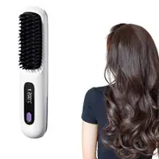 Portable Cordless Hair Straightener Brush with LED Display Negative Ion Heating Hair Straightening Comb-White