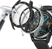 [2-Pack] Case with Tempered Glass Screen Protector Compatible for Huawei Watch GT2 46mm, 9H Hardness 360° All-Round Protective Ultra Thin Protective PC Case Cover- Black Transparent