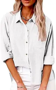 [SHEKINI] Women Casual Blouse -Neck Long Sleeve Shirt Button Dowm Cotton Linen Tshirt Tops Dressy Blouses Office Work Blouse Plus Size, White, S