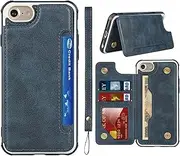 Cavor iPhone SE 2020/SE 2022 Case, iPhone 6/6s/7/8 Case - PU Leather & TPU Flip Case with Kickstand, Card Slots, Wristlet Strap - Navy Blue
