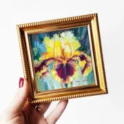 Yellow iris flower painting original oil artwork floral small art framed gold