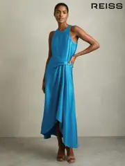 Reiss Blue Micah Satin Drape Tuck Midi Dress (AV6501) | $325