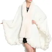 Nevenka Womens Faux Fox Fur Trim Cardigan Shawl Oversized Cape-White