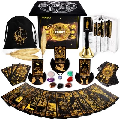 78 Tarot Cards with Guide Book, Black Tarot Deck Gift Set with Tarot Cloth, C...