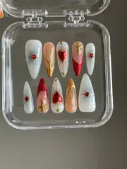 Flaming Heart French Nails, Silver White Hand-Painted Y2K Press-On, Custom Set