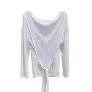 Long-Sleeve Scoop Neck Plain Sashed Slim Fit Top White - S