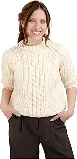 [SAOL] Traditional Irish Sweater for Ladies Short Sleeve Cable Knit - 100% Merino Wool