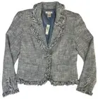 HAROLDS Blue White Woven Cotton Blend Blazer Fringed Jacket Lined Sz 8 Msrp $228