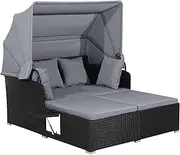 HAPPYGRILL Outdoor Wicker Lounge Daybed, Hand-Woven PE RattanDaybed, Patio Loveseat Sofa Set with Retractable Canopy & 2 Side Tables, Outdoor Sun Lounger with Soft Cushions