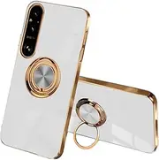 [ILING] Case for Sony Xperia 1 V, Dual Layer Soft Colourful Silicone Mobile Phone Case with 360 Degree Ring Holder Protective Case TPU Shock Shockproof Bumper Beautiful Thin Case (White)