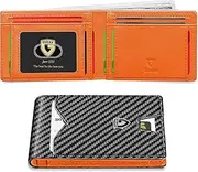 [GSOIAX] Mens Slim Wallet for Men Minimalist Genuine Leather Carbon Fiber Rfid Blocking Bifold Credit Card Holder With Gift Box, Carbon Black and Orange, Slim