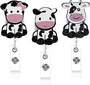 Cow Badge Reel Clips Retractable Badge Holder Arcylic Nurse Badge Reel Cute ID Name Card Holders with Swivel Clip 3PCS