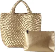 Woven Beach Tote Bag, Macaron Soft Leather Woven Handbag with Top Handle Bag for Work and Travel Dorado