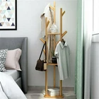 Sturdy Bamboo Coat Rack Tree Floor Garment Clothes Hat Hanger Stand w/ 3 Shelves