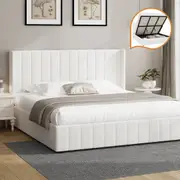 Oikiture Bed Frame King Size Gas Lift Base with Storage Boucle Fabric White
