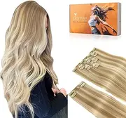 DOORES Clip in Human Hair Extensions, Dark Blonde Highlighted Bleach Blonde 150g 9pcs 16 Inch, Remy Hair Extensions Clip in Straight Natural Hair Extensions Clip in Remy Extensions