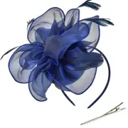 TeaParty Fascinator Hat for Party Wedding Women Feather Organza Fascinator Hair Pin Hat Big Flower Church Cap Headdress Navy Blue