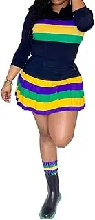 [Molilove] Women 2 Piece Outfits Long Sleeve V Neck Half Button Striped Tops and Pleated Mini Skirt Sets Lounge Workout Sets