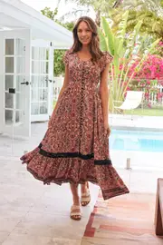 Augustina Pink/Purple/Peach Paisley Button Front Maxi Dress