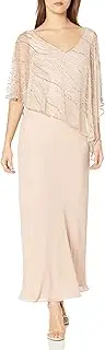 [J Kara] Women's Petite Pop Over Long Beaded Dress, Blush/Silver, 10P, Blush/Silver, 14 Petite