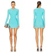 Alex Perry Crystal Embellished Ruched Jersey Aquamarine Blue Mini Dress Sz 6