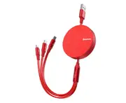 Portable 3-in-1 Fabric Data Cable Creative Retractable One for Three for Apple Fast Charging Cable-Red
