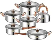 Stainless Steel Tea Kettle，Pots, Saucepans and Pans Set, 12-Piece Kitchen Cookware Sets with Glass Lids, Stay-Cool Handle, Oven Safe, Works with Induction, Electric and Gas Cooktops (Wooden Handle)
