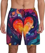 [Sipumia] Mens Heart-Shaped Printed Swim Trunks with Compression Liner Quick Dry 2 in 1 Board Shorts with Pockets