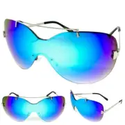 Oversized Contemporary Modern Retro Shield SUNGLASSES Big Silver Frame Blue Lens
