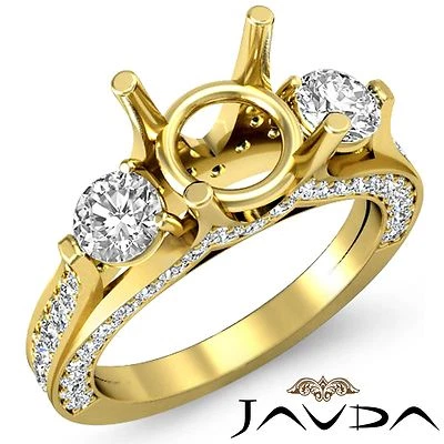 Unique 3 Stone Round Semi Mount Diamond Engagement Ring 14k Yellow Gold 1.3 Ctw