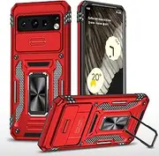 Compatible with Google Pixel 8 Pro, Heavy Duty Shockproof PC Case with Slide Camera Lens Cover Magnetic Kickstand Cover Case for Google Pixel 8 Pro-Red