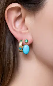 [Jenna Blake] 18K Yellow Gold Diamond, Emerald And Turquoise Hoop Earrings