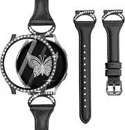 [Watbro] Genuine Leather Band with Case Compatible with Samsung Galaxy Watch 4 & 5& 6 40mm 44mm with Glitter Screen Protector Case,Metal 20mm Leather Watch strap for Women