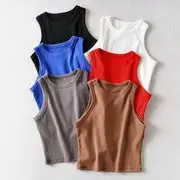 Crew Neck Plain Crop Tank Top Black - S