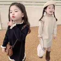 在飛比找momo購物網優惠-【橘魔法】韓系氣質木耳邊針織連身裙(大童 連衣裙 長版上衣 