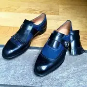 Handmade Men's Two Tone Monk Moccasins Blue Fabric And Leather Slip On Shoes
