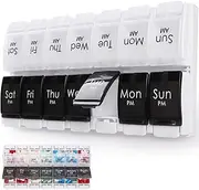 7 Day Pill Organizer, Weekly Pill Organize Case, 14 Compartments Push Button AM PM 2 Times A Day, for Travel/Pills/Supplements Black White