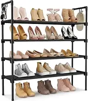 4 Tier Shoe Rack for Closet Shoe Organizer with 5 Hooks, Long Shoe Shelf Storage for Shoe and Boot Stackable Free Standing Shoe Rack for Entryway, Garage, Small Spaces, Dorm, Black