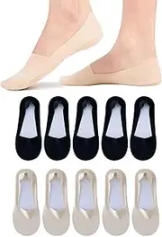 [HNFKOZ] 10 Pairs No Show Socks Low Cut Non Slip Invisible Socks, Ice Feeling Socks, Nonslip Liner Invisible Hidden Thin Socks, Five Pairs of Black and Five Pairs of Skin Tone Each, Black, 18 Short