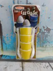 Vintage Nevco Family Egg Cup Set of 4 w/ Spoons Yellow & White Retro NOS